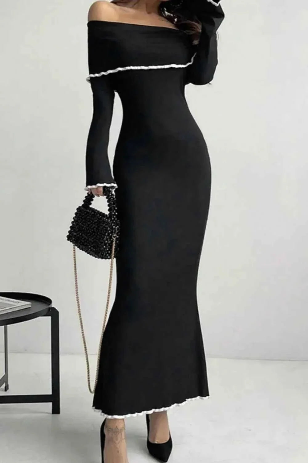 Contrast Trim Off-Shoulder Long Sleeve Sweater Dress