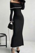 Contrast Trim Off-Shoulder Long Sleeve Sweater Dress