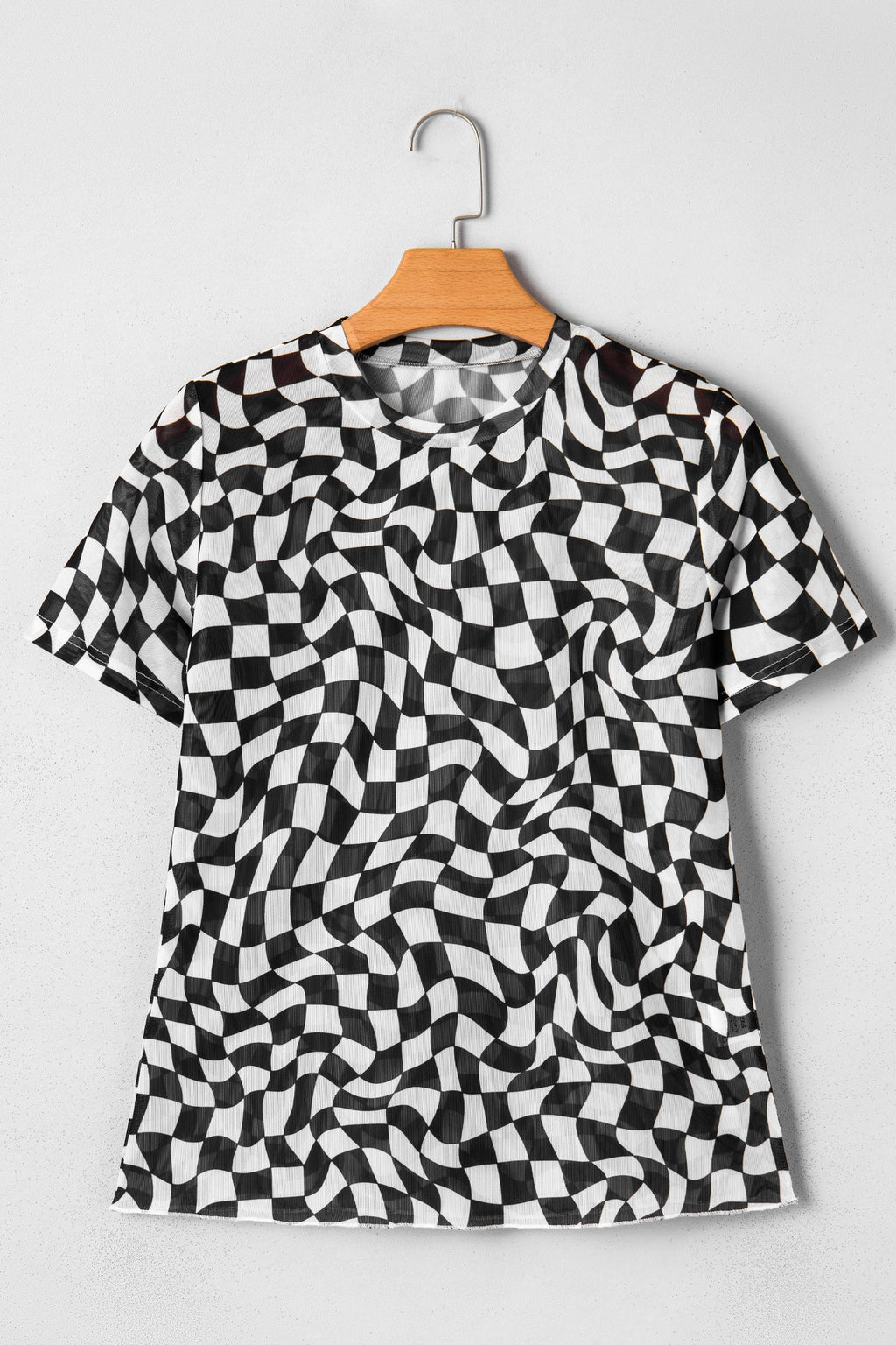 Black Checkered Print Crew Neck Mesh T Shirt