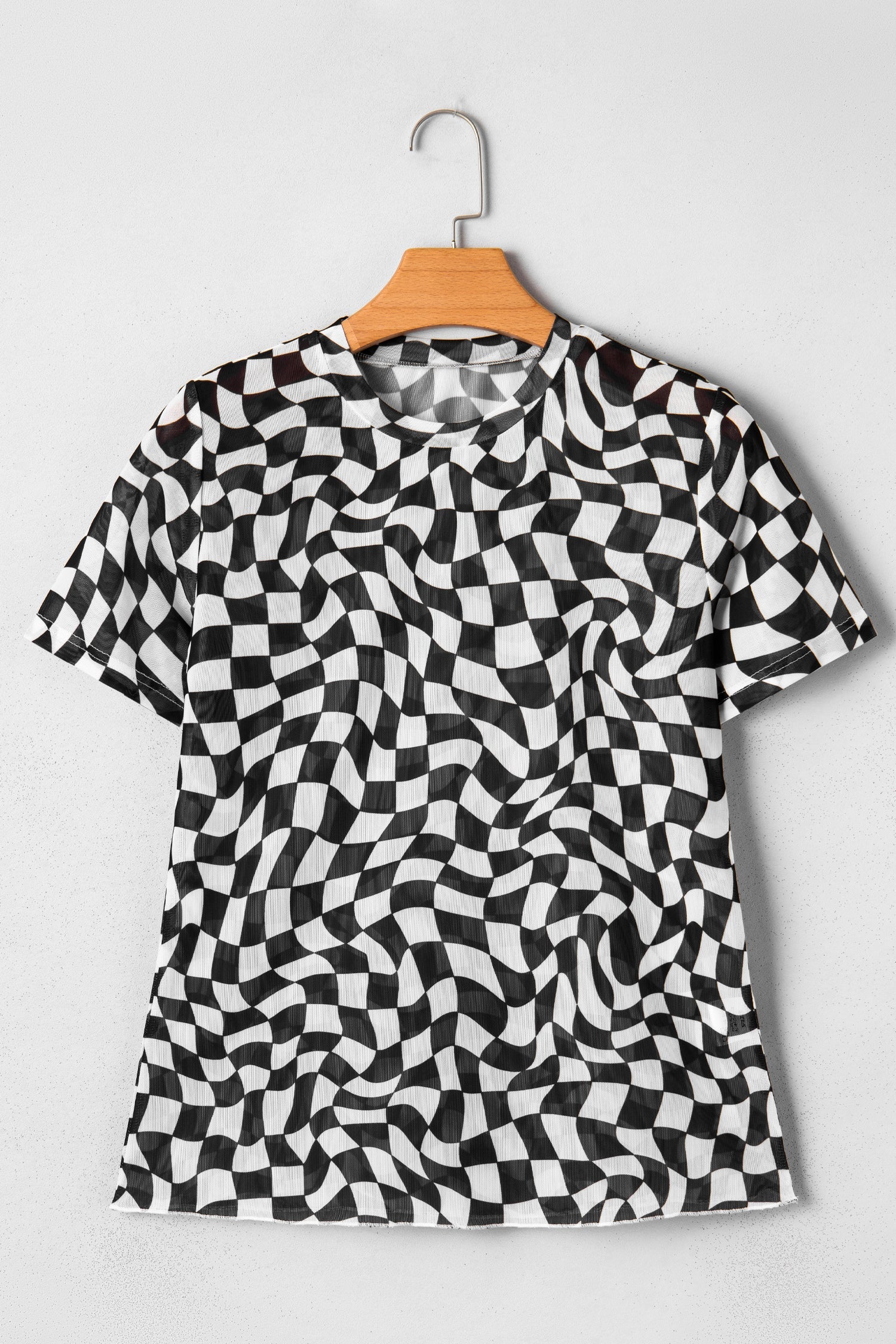 Black Checkered Print Crew Neck Mesh T Shirt