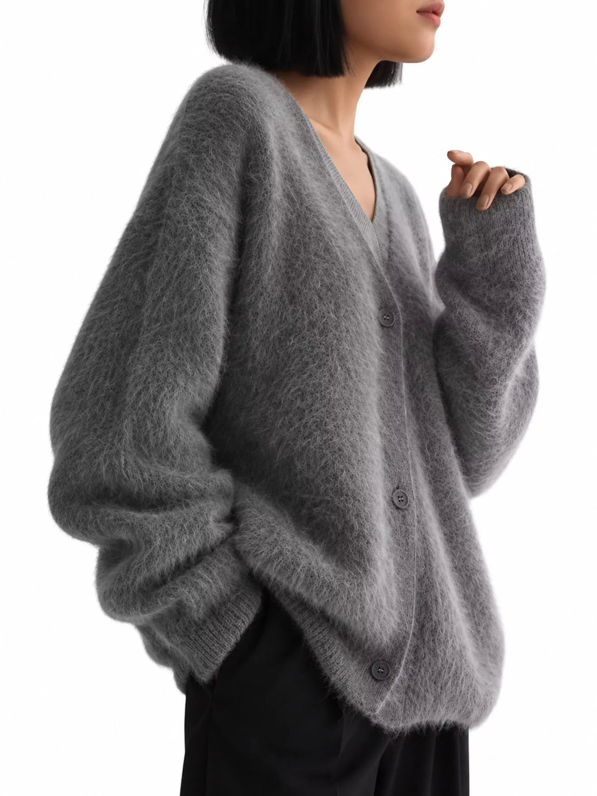 Fuzzy V-Neck Button-Down Cardigan