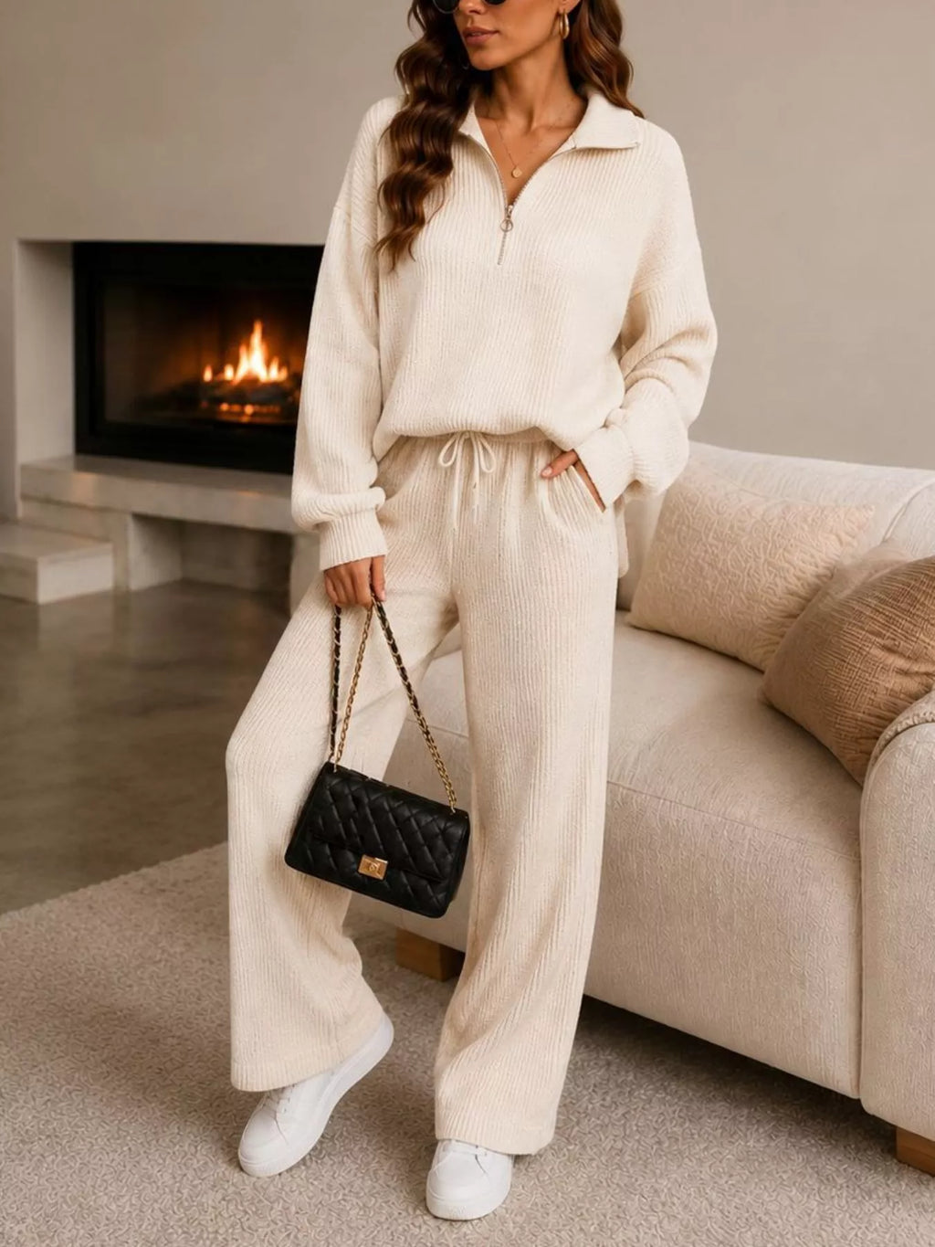 Ribbed Knit Quarter-Zip Top and Wide-Leg Pants Set