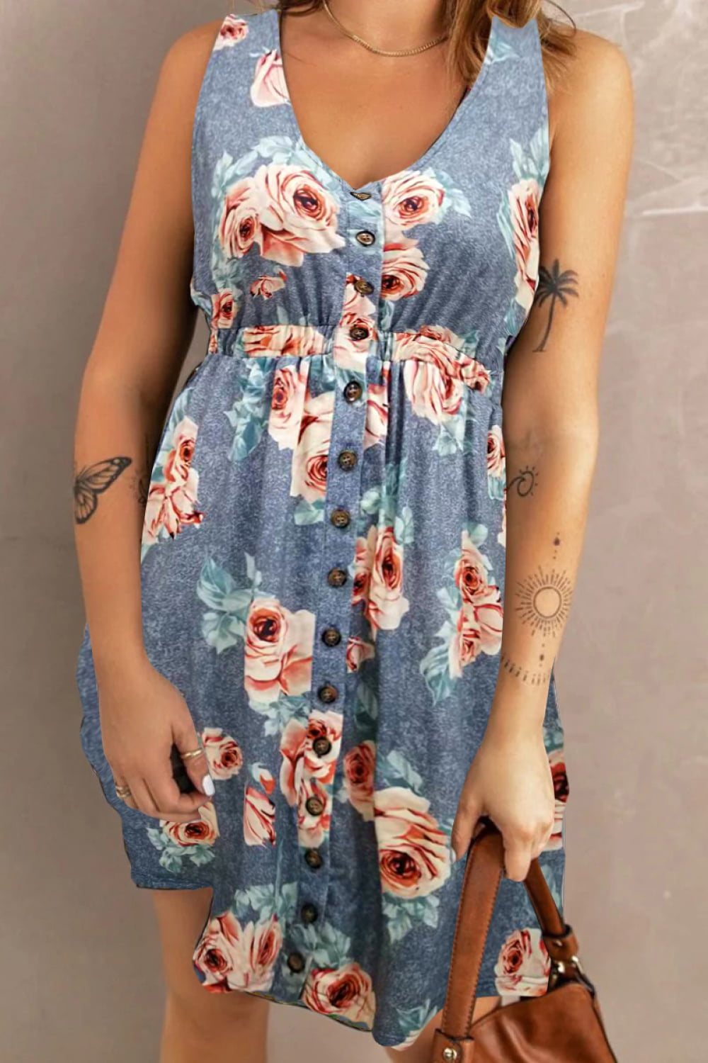 Double Take Printed Sleeveless Front Button Ruched Waist Side Slit Casual Magic Dress with Pockets