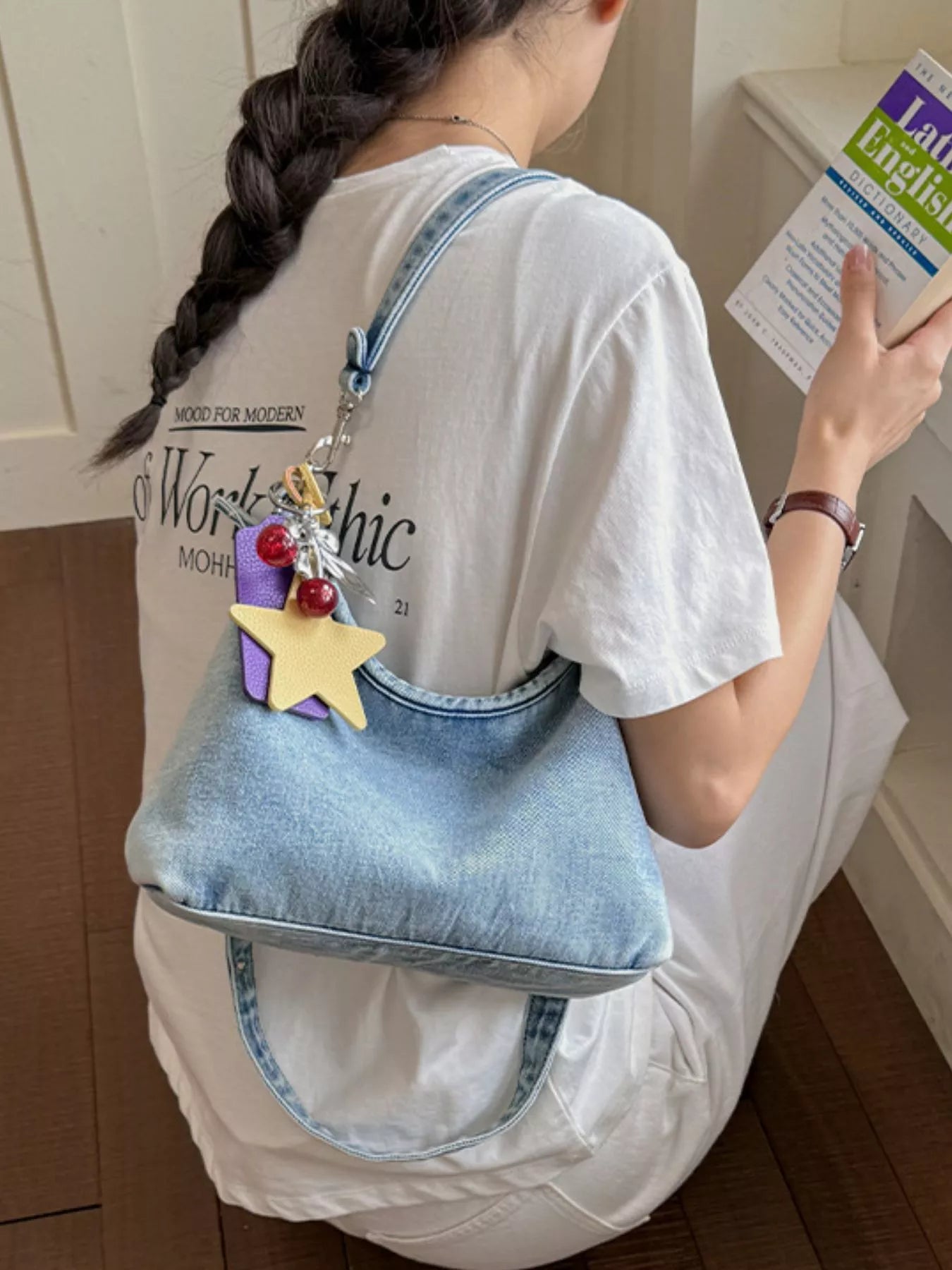 Star Charm Denim Shoulder Bag