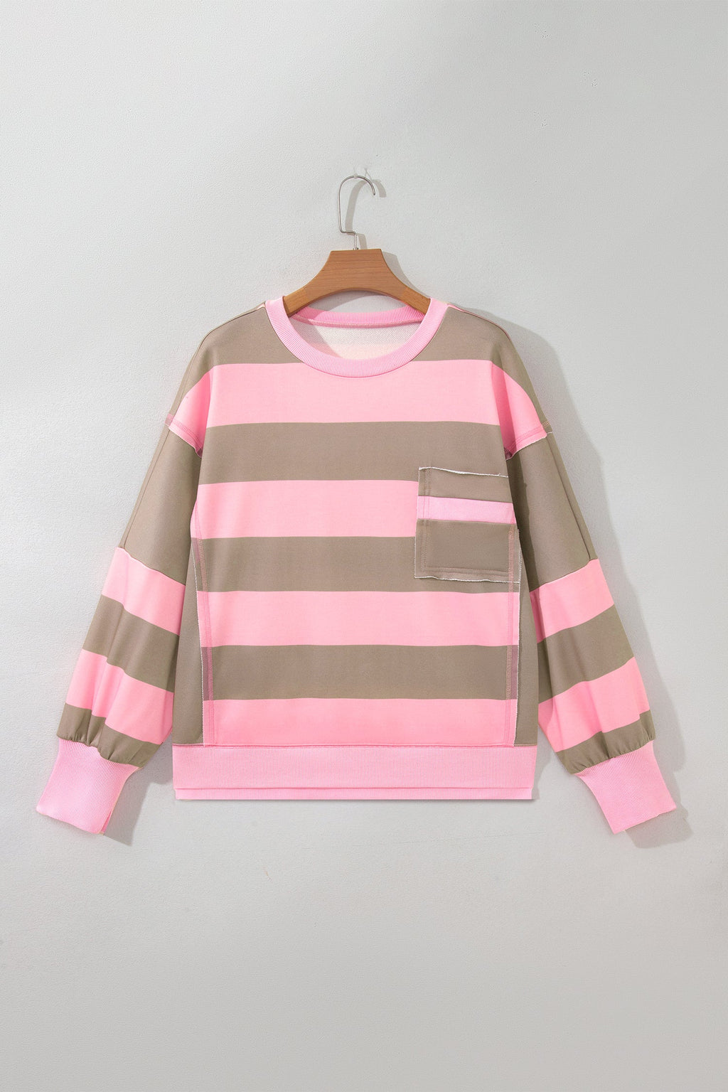 Pink Stripe Striped Colorblock Patch Pocket Split Hem Oversized Long Sleeve Sweatshirt