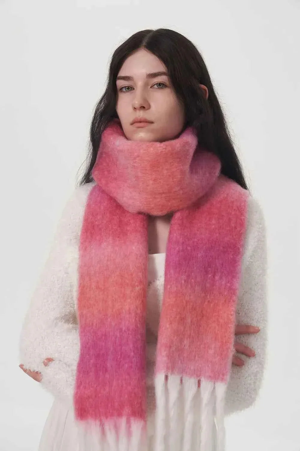 Fringe Gradient Thermal Scarf with Wool Blend