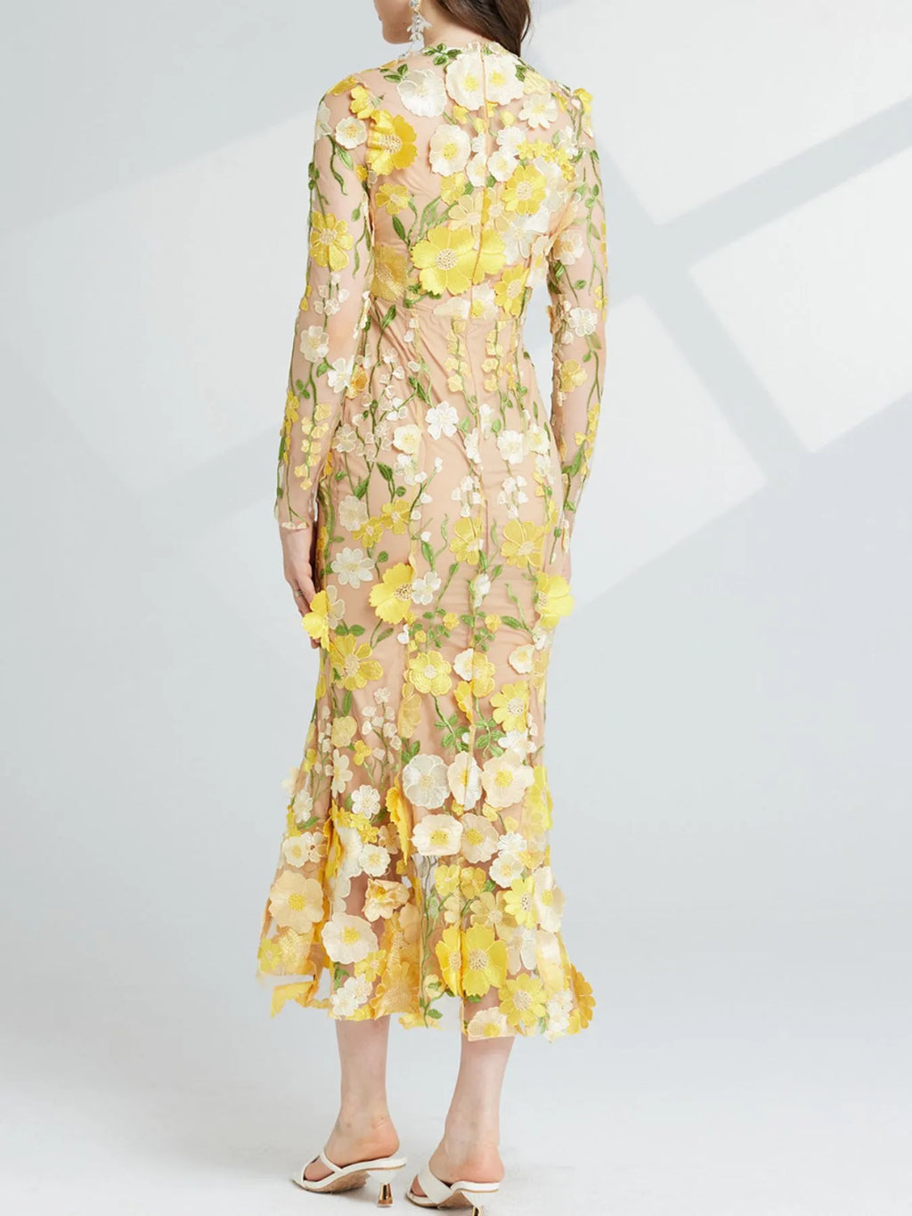 Floral Embroidered Mesh Long Sleeve Midi Dress