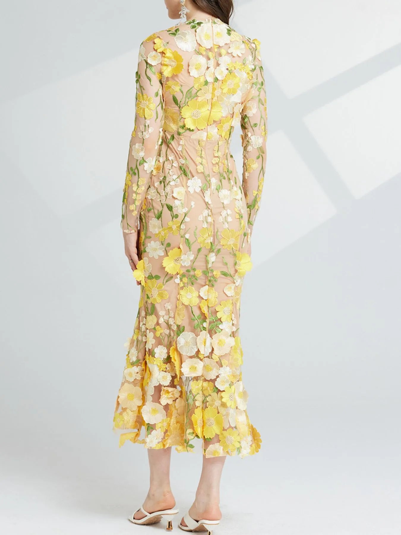 Floral Embroidered Mesh Long Sleeve Midi Dress