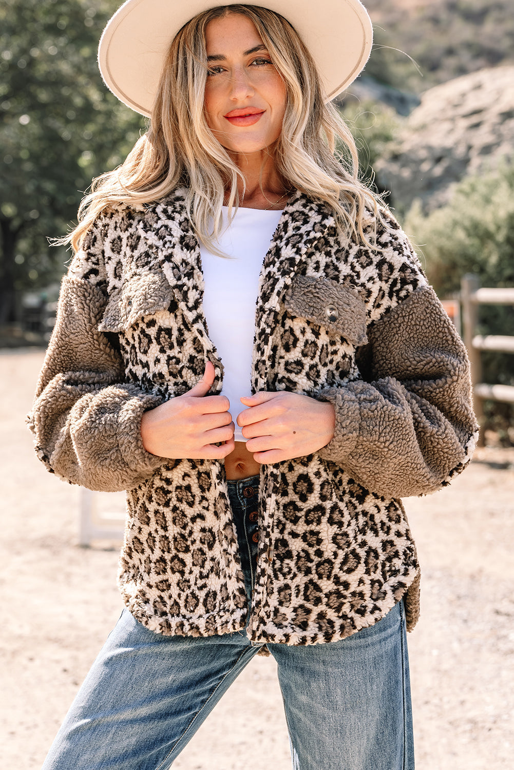 Leopard Sherpa Patchwork Flap Pocket Buttoned Jacket