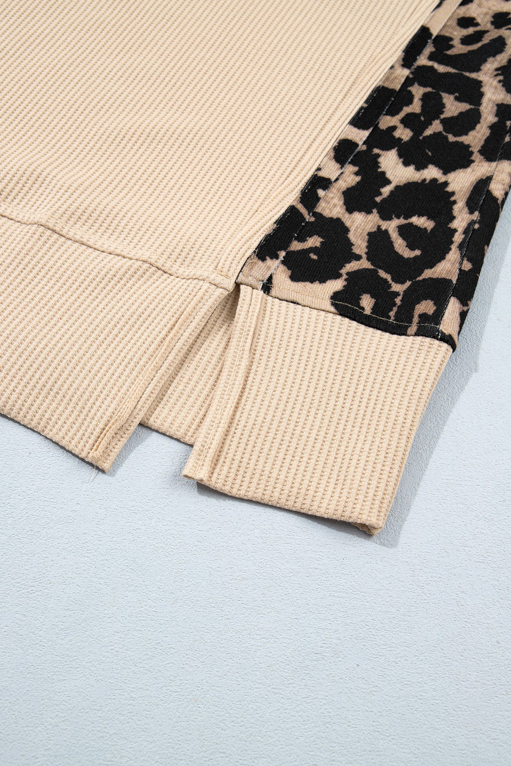 Gray Morn Leopard Sleeve Waffle Knit Split Hem Top