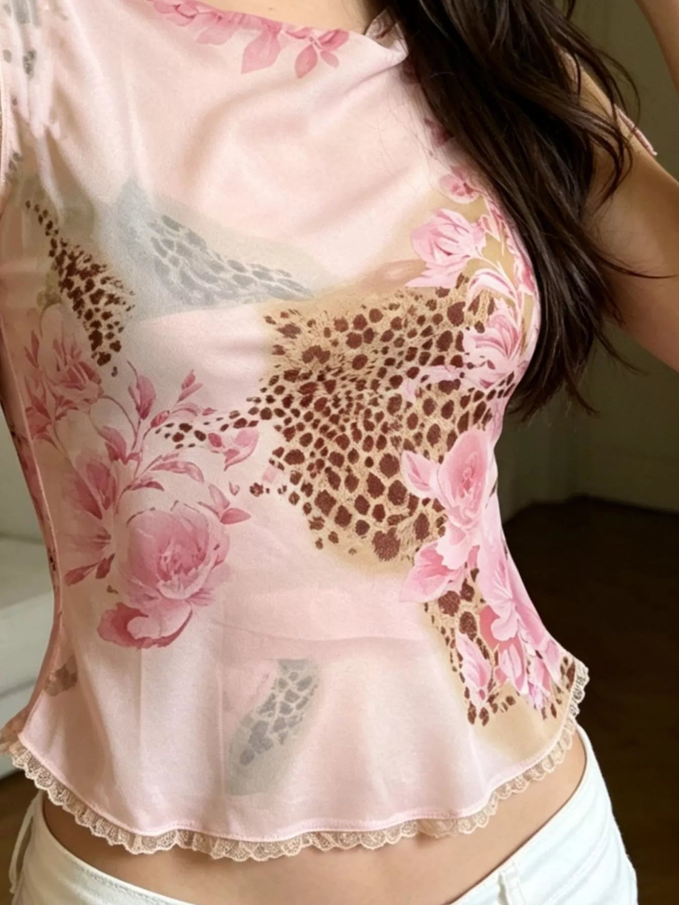 Floral Leopard Print Tie-Strap Mesh Cami