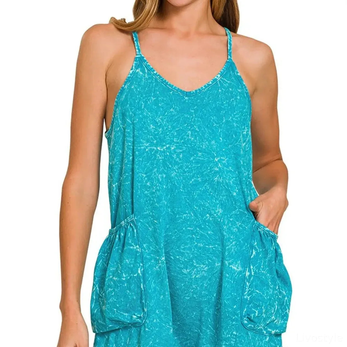 Acid Wash Crinkle Cotton Spaghetti Strap Romper with Pockets