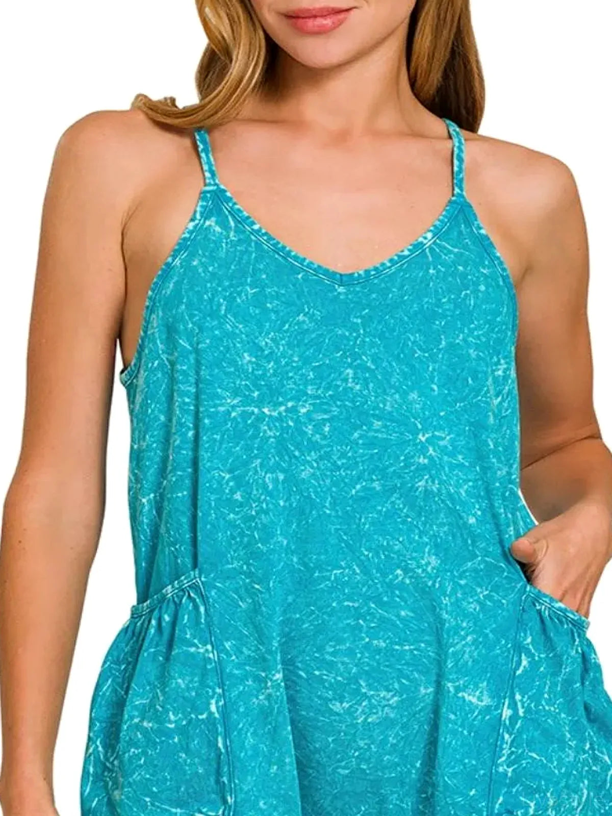 Acid Wash Crinkle Cotton Spaghetti Strap Romper with Pockets