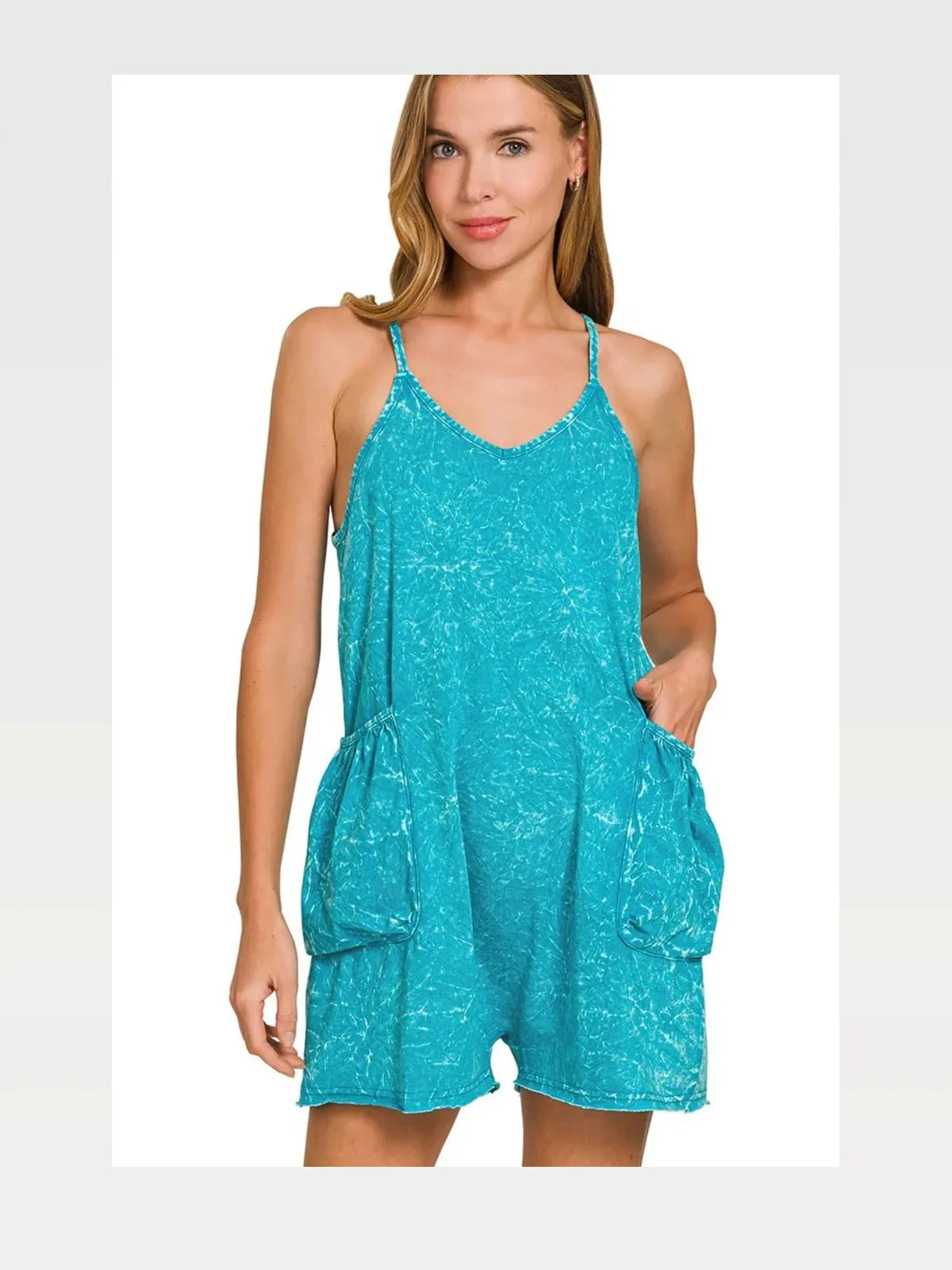 Acid Wash Crinkle Cotton Spaghetti Strap Romper with Pockets