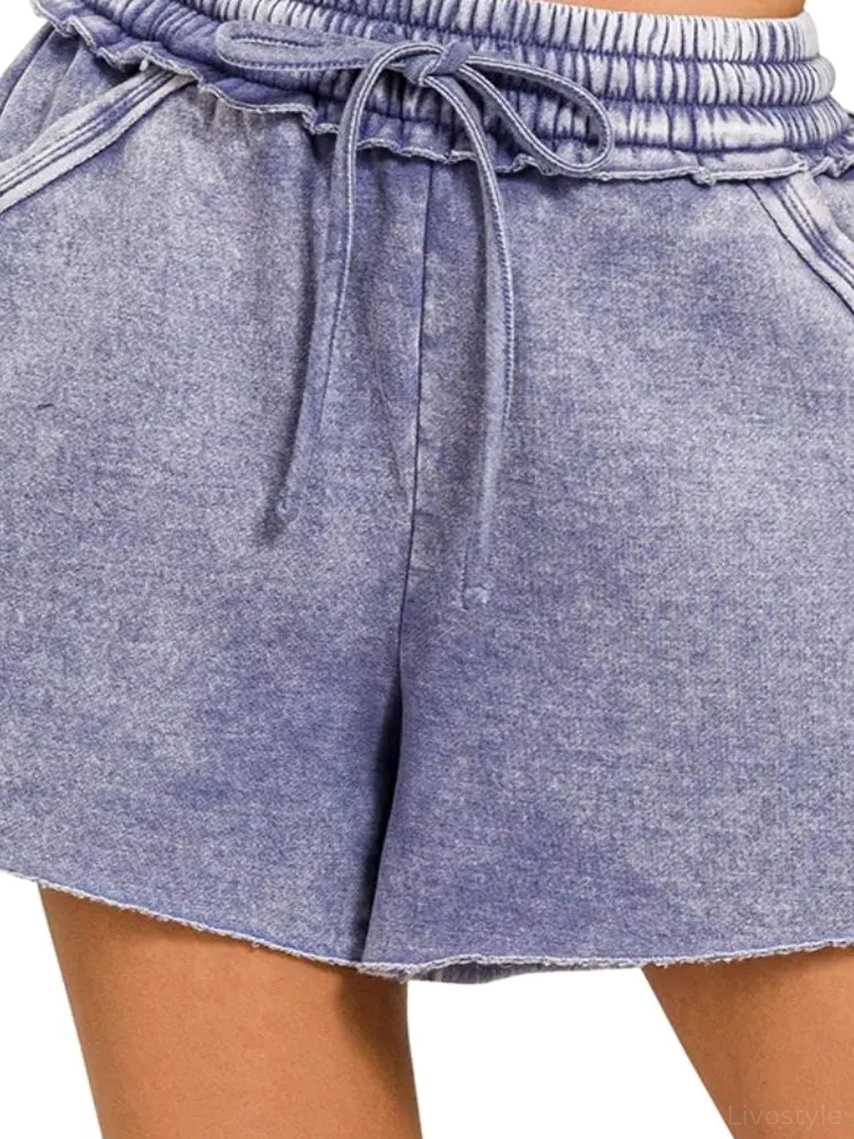 Acid Wash Fleece Drawstring Shorts with Pockets