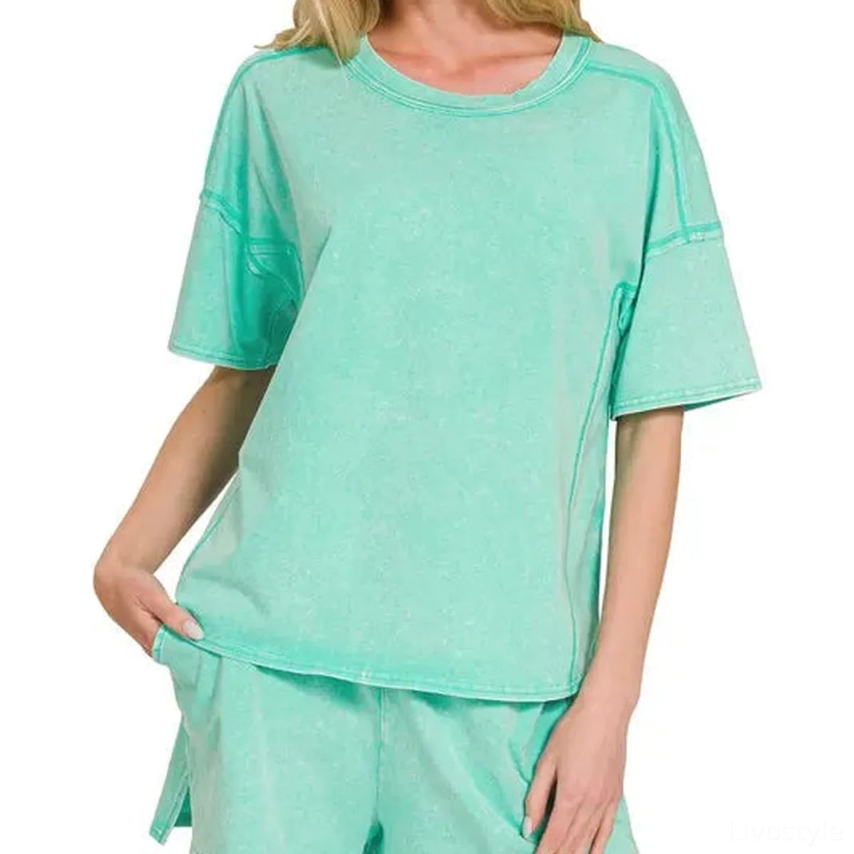 Mint Acid Washed Short Sleeve Tee and Drawstring Shorts Set