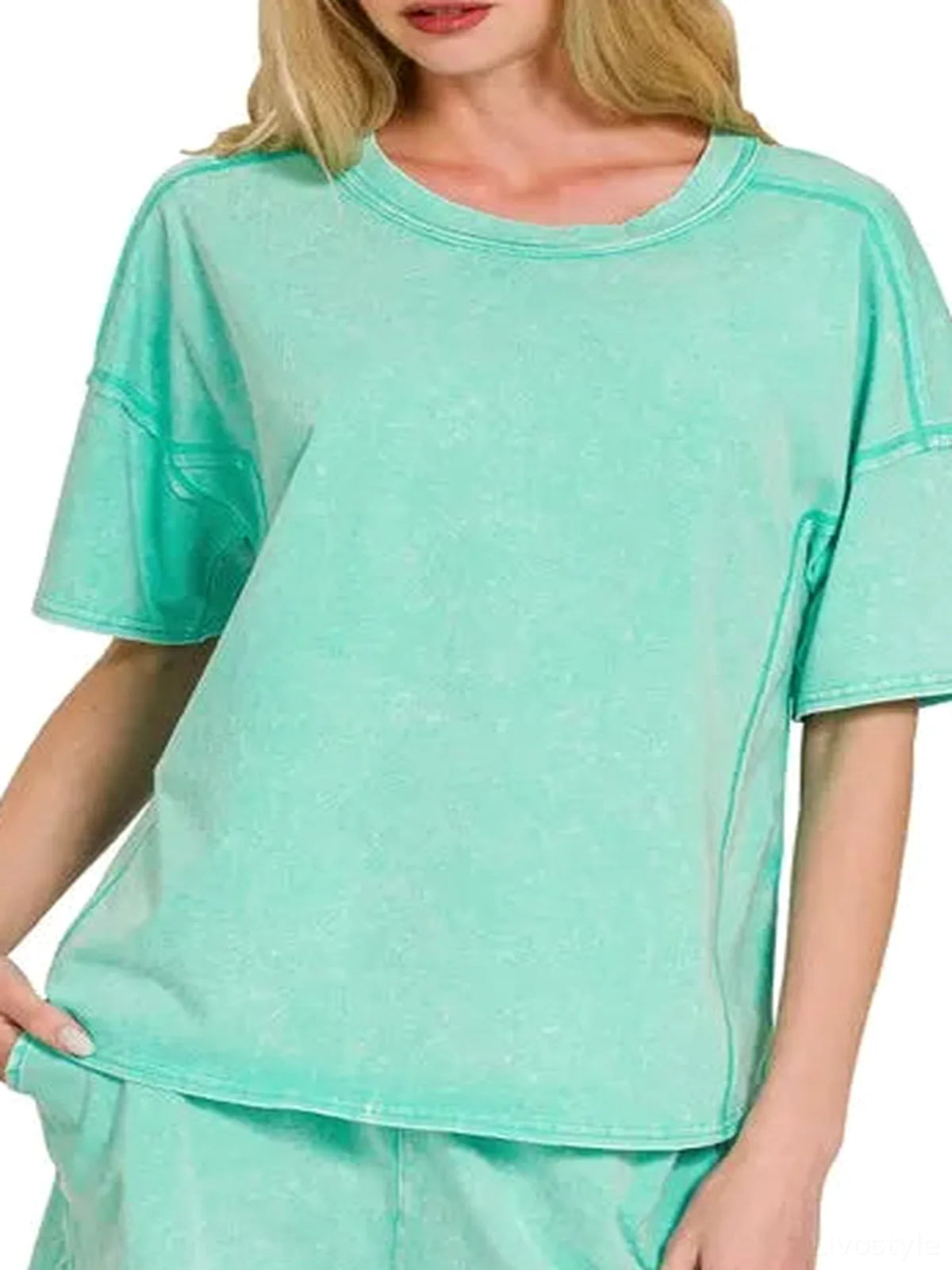 Mint Acid Washed Short Sleeve Tee and Drawstring Shorts Set