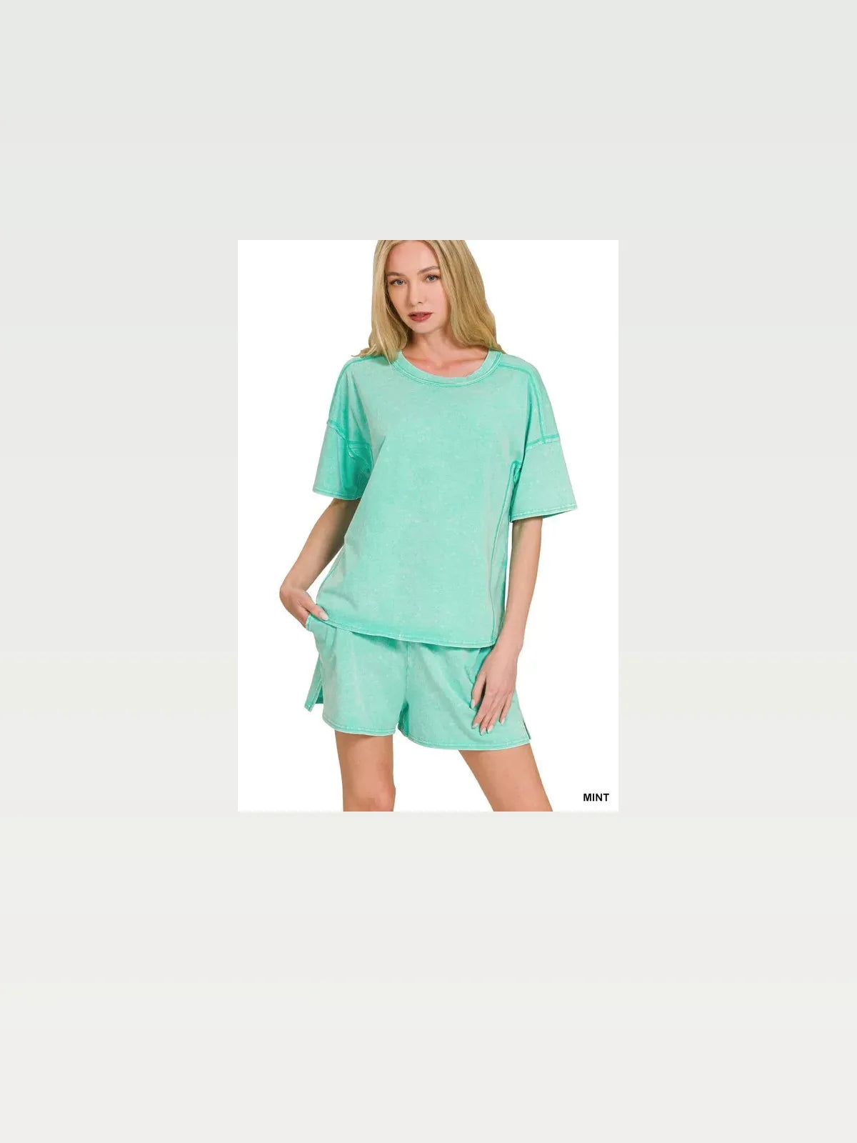 Mint Acid Washed Short Sleeve Tee and Drawstring Shorts Set