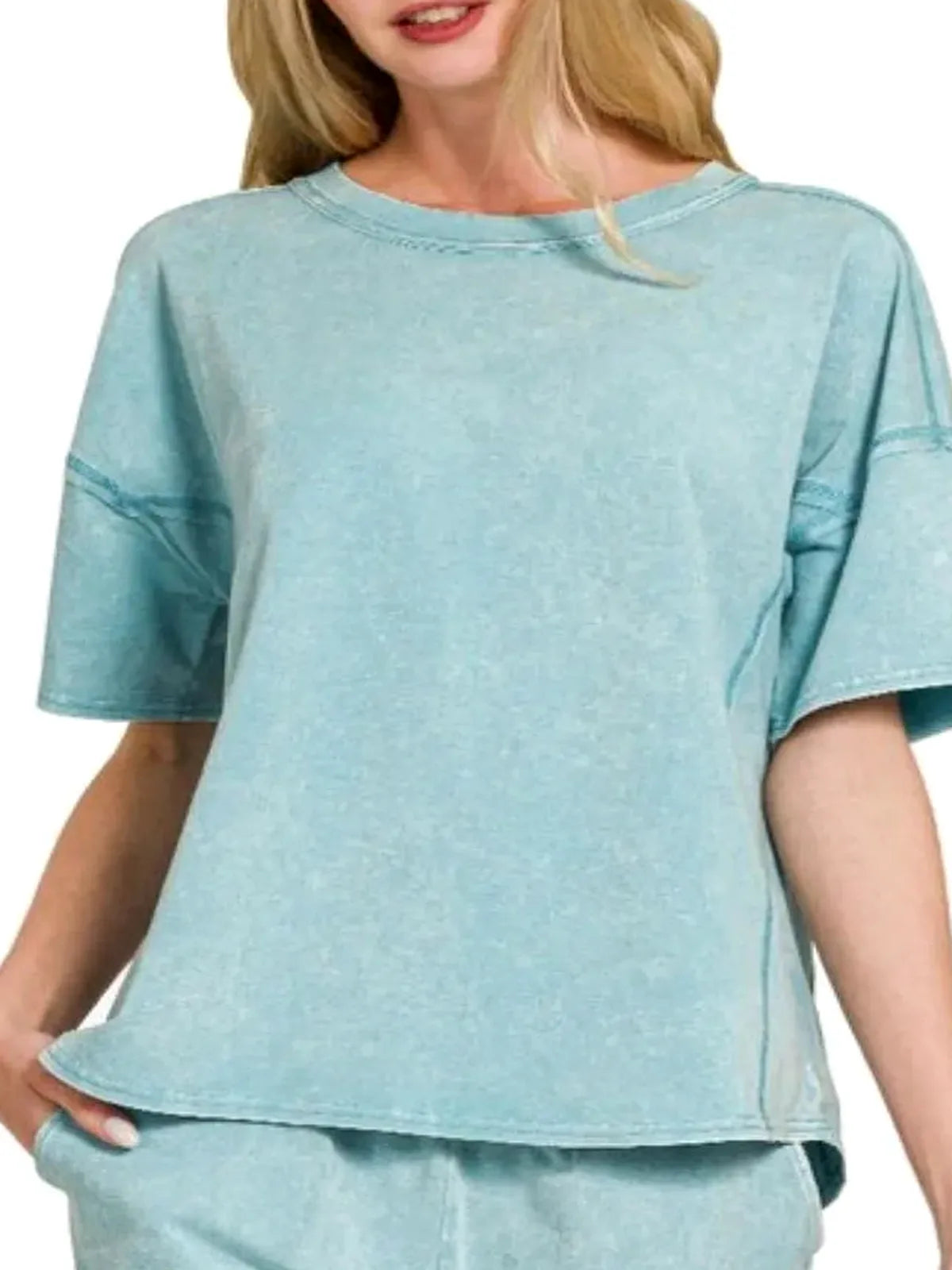 Acid Washed Short Sleeve Tee and Drawstring Shorts Set