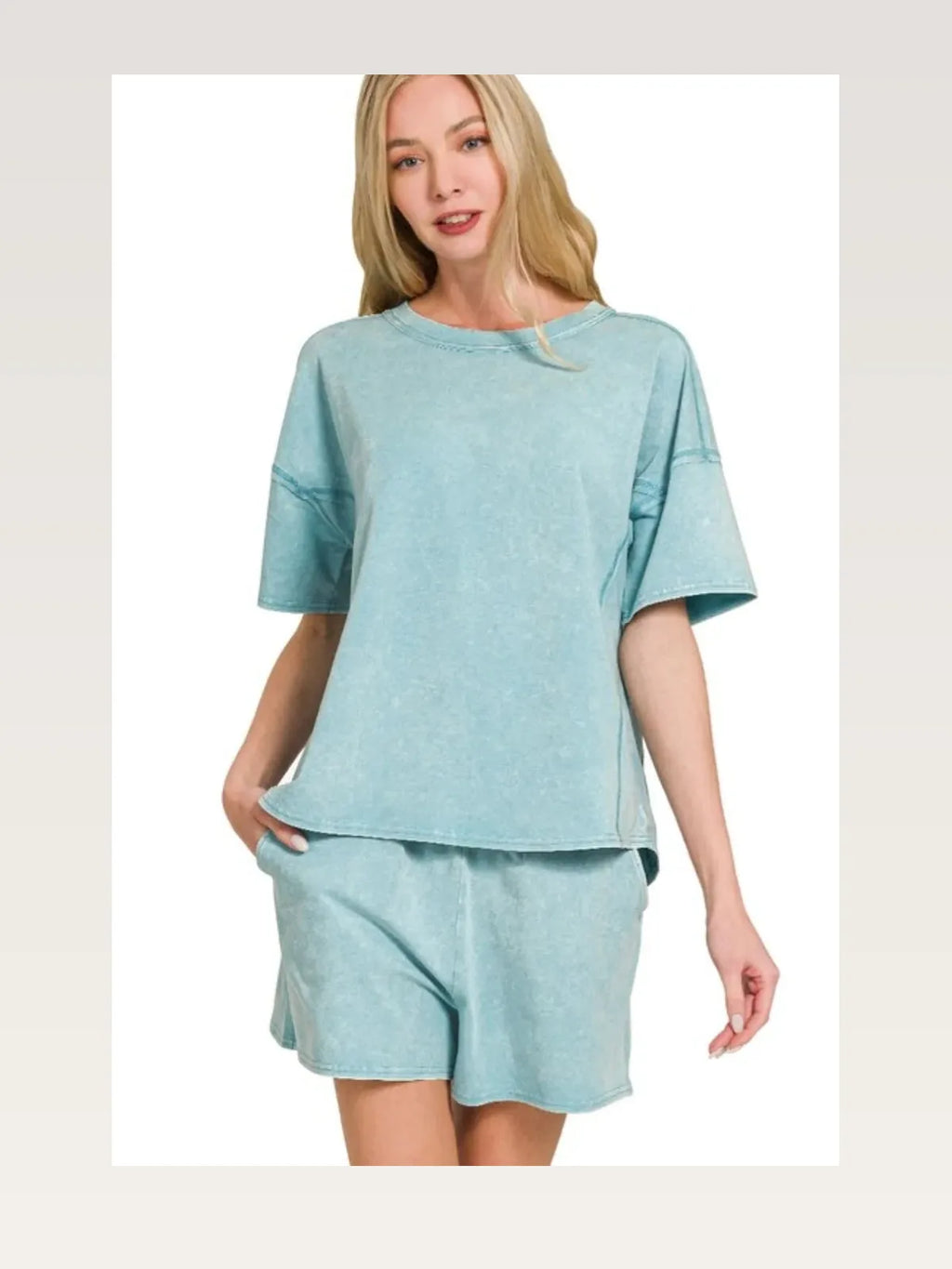 Acid Washed Short Sleeve Tee and Drawstring Shorts Set