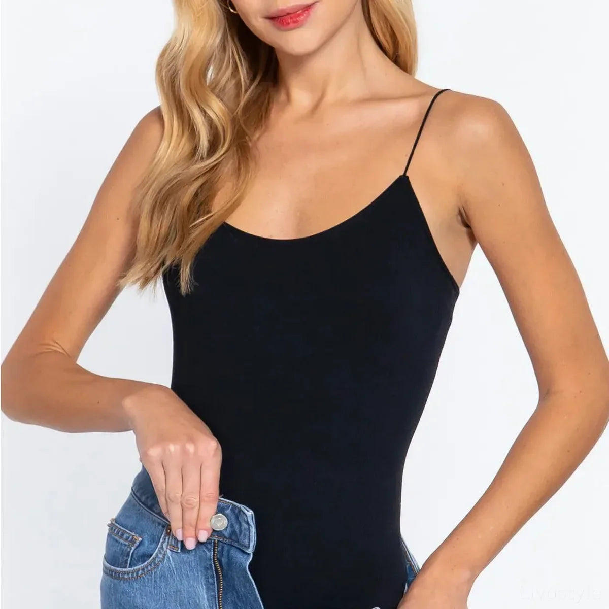 Ribbed Round Neck Cami Bodysuit – Black