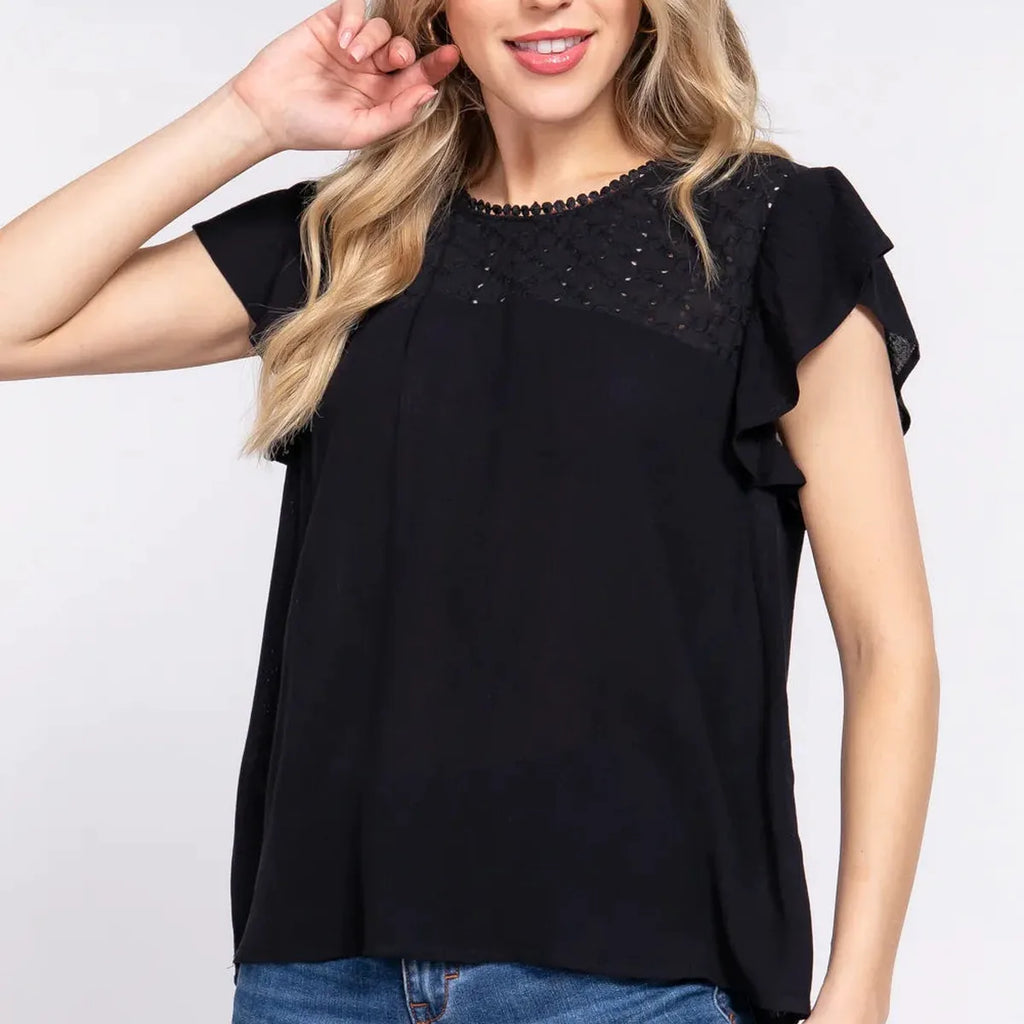 Crochet Ruffle Sleeve Blouse in Breathable Rayon