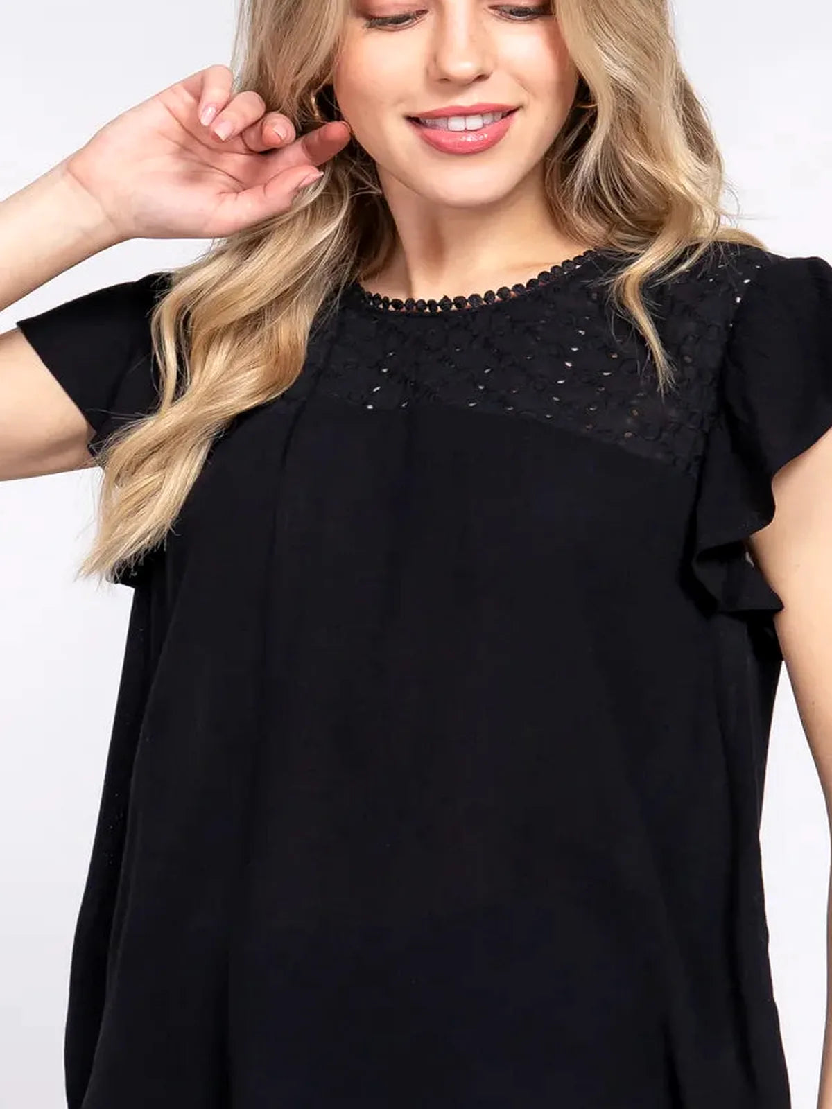 Crochet Ruffle Sleeve Blouse in Breathable Rayon