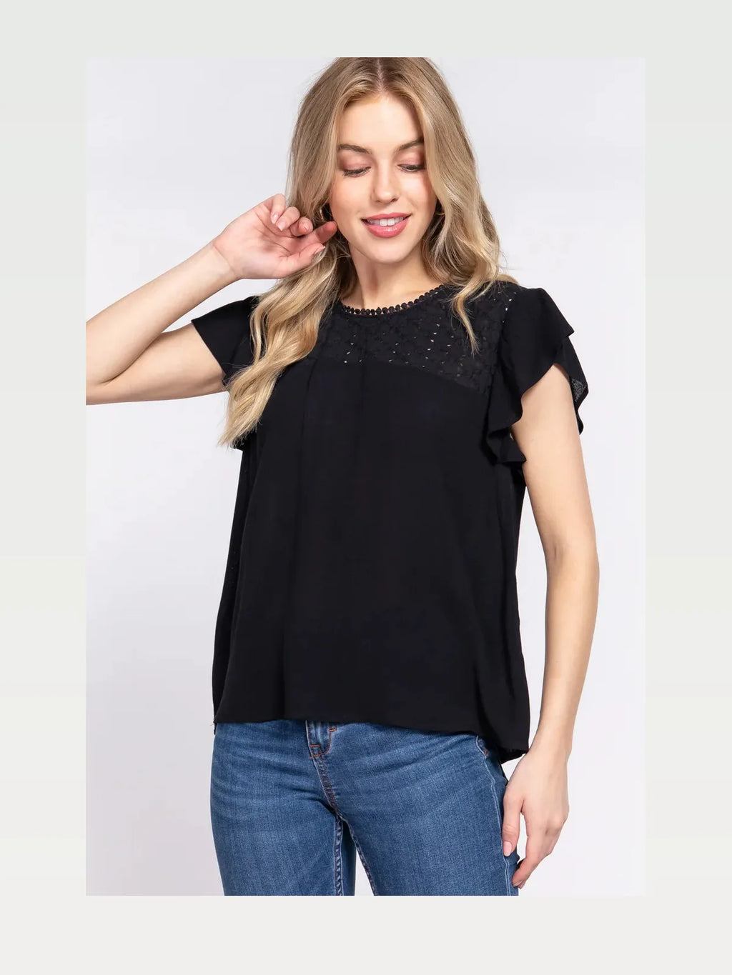 Crochet Ruffle Sleeve Blouse in Breathable Rayon