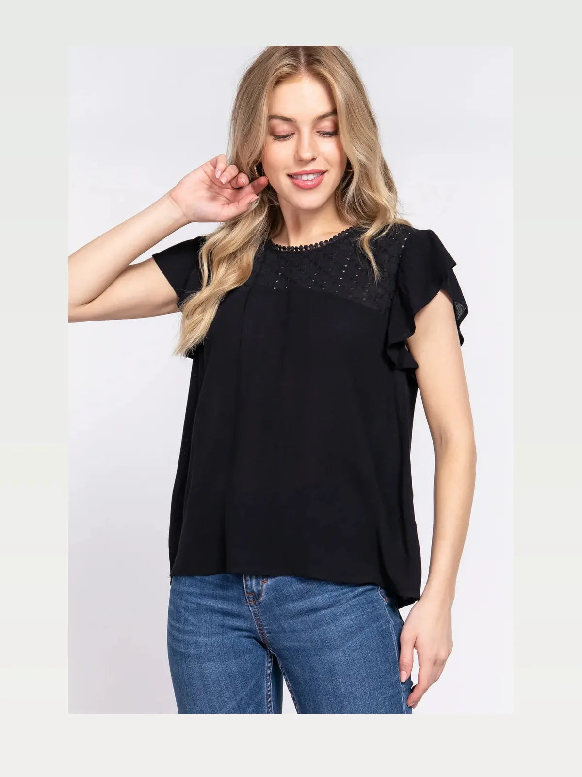 Crochet Ruffle Sleeve Blouse in Breathable Rayon