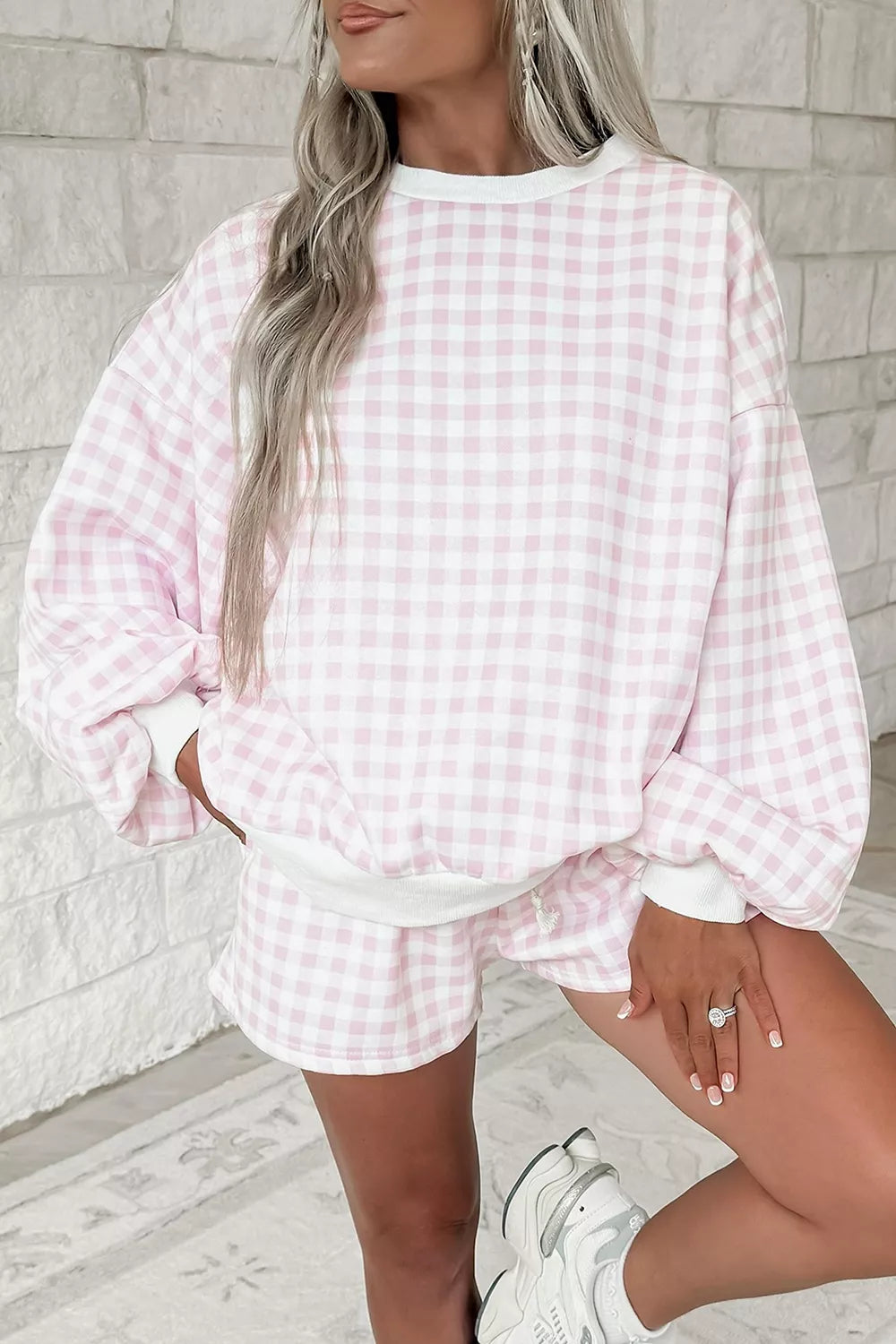 Gingham Long Sleeve Sweatshirt and Shorts Set