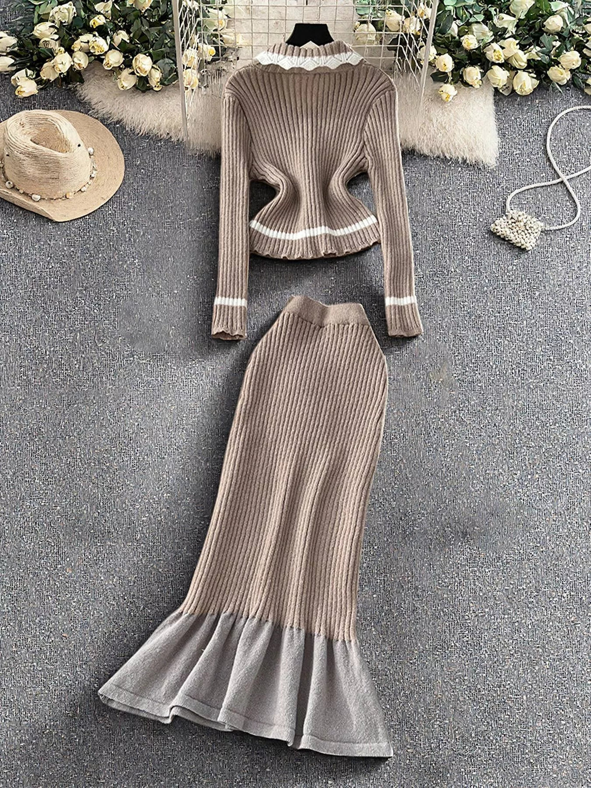 Ribbed Knit Cardigan and Skirt Sweater Set