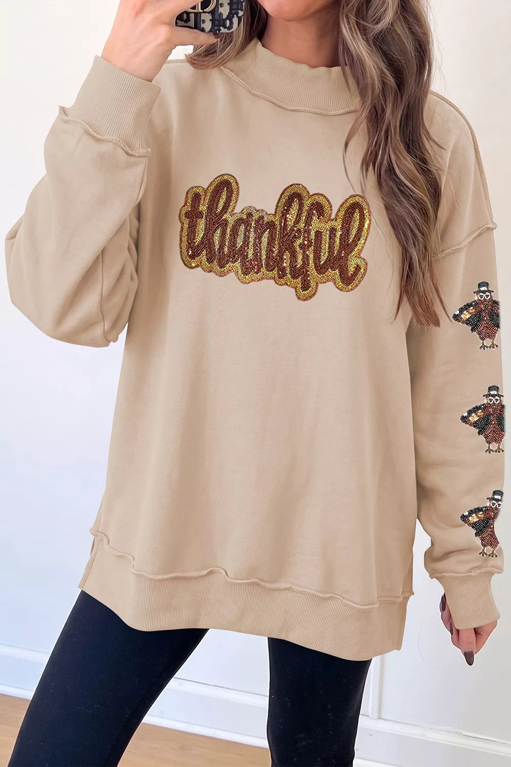 Thankful Sequin Mock Neck Sweatshirt