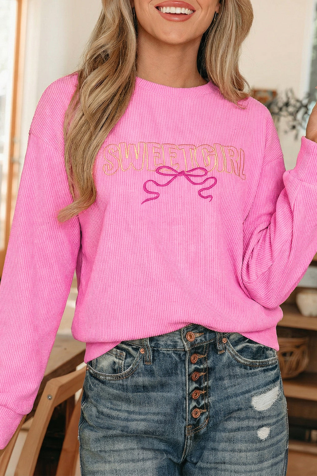 Bonbon Sweet Girl Embroidered Graphic Rib Textured Top