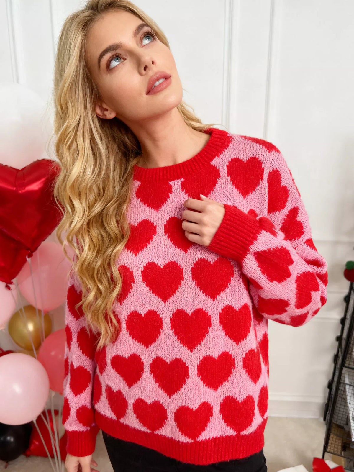 Heart Pattern Dropped Shoulder Sweater