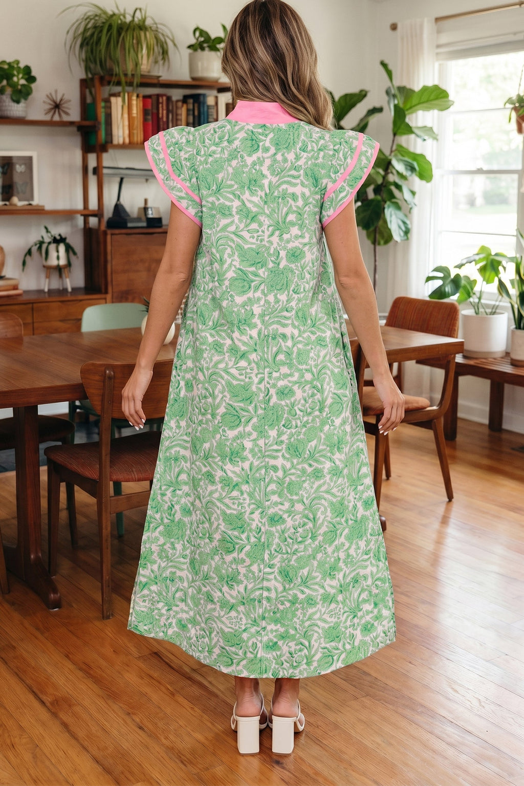 Green Floral Print Color Block Patchwork V Neck Short Sleeve Midi Dress