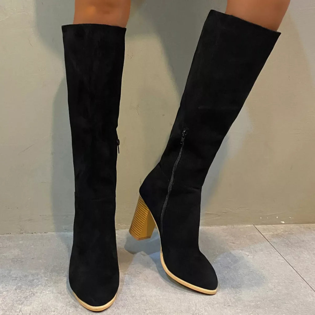 Point Toe Knee-High Suede Block Heel Boots
