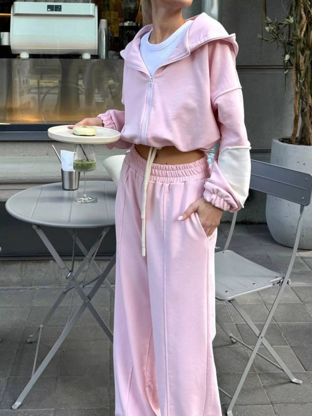 Zip Up Hoodie and Wide-Leg Pants Set