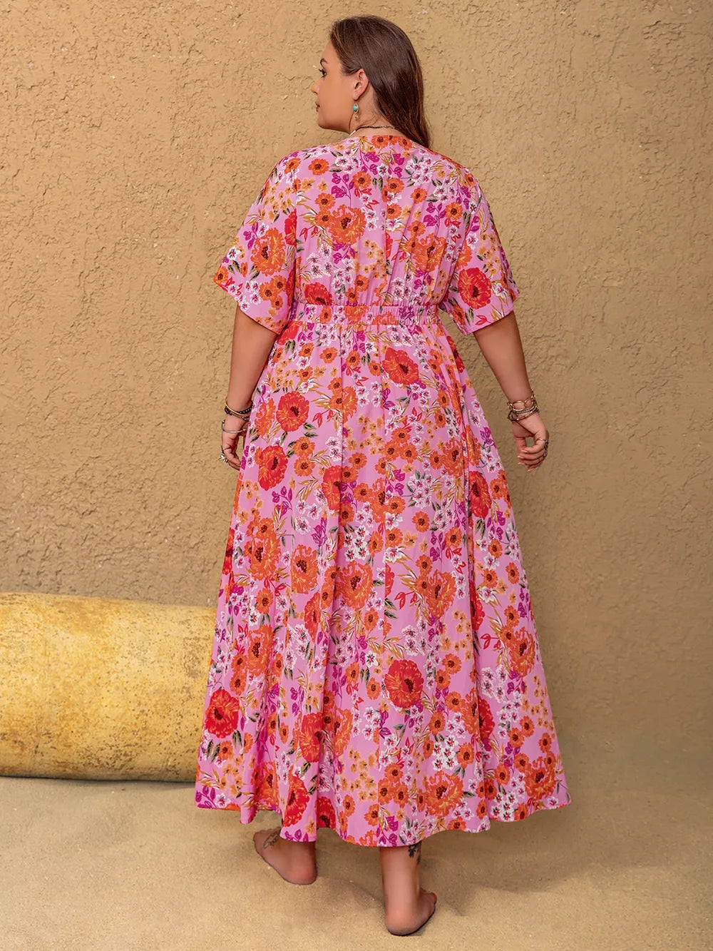 Slit Floral V-Neck Half Sleeve Maxi Dress