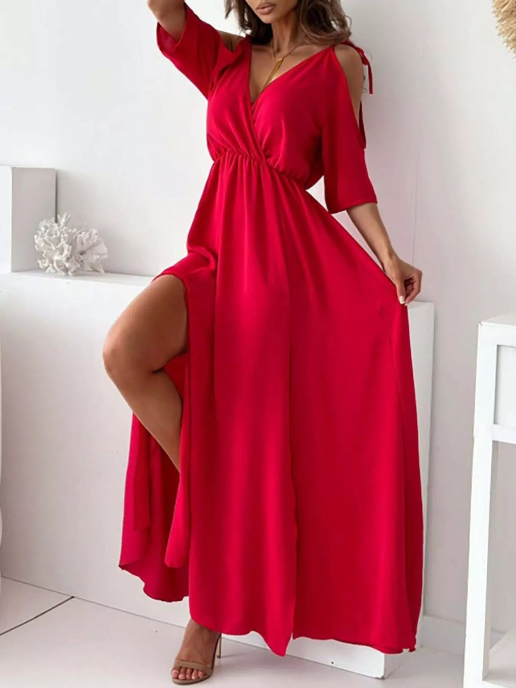 Slit Cold Shoulder Maxi Dress