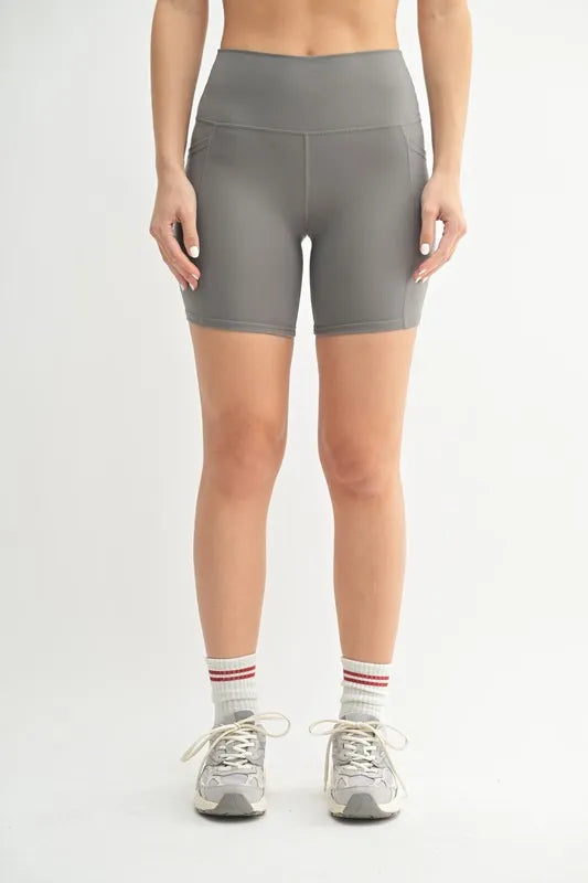 Pewter High-Waisted Sculpt Biker Shorts with Pockets