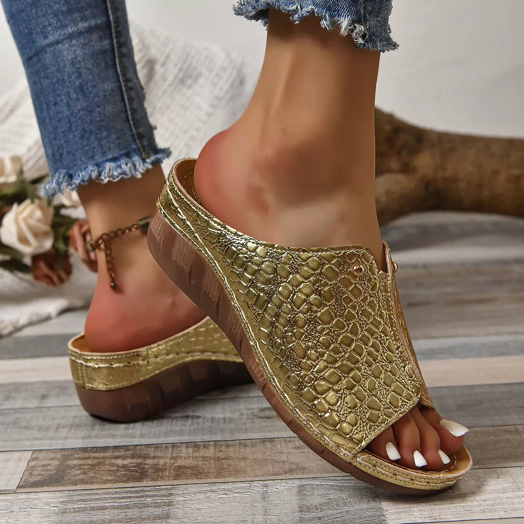 Crocodile-Embossed Wedge Sandals