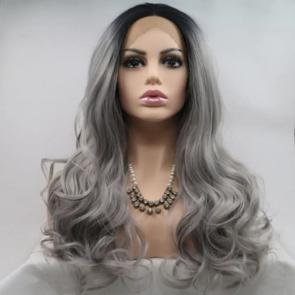 24-Inch Lace Front Synthetic Wig, Long Wavy Grey Ombre