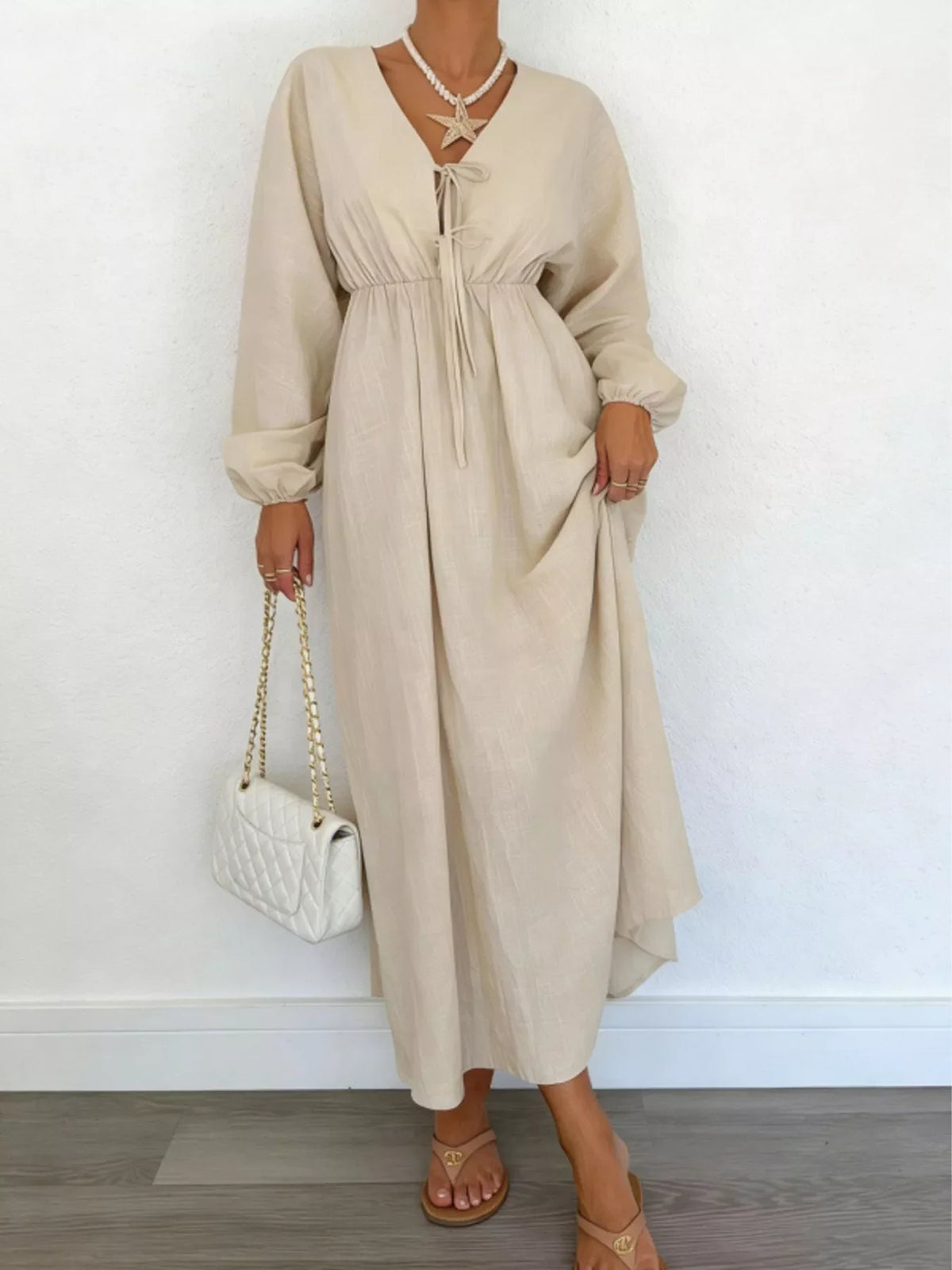 Tie Front Balloon Sleeve Maxi Dress