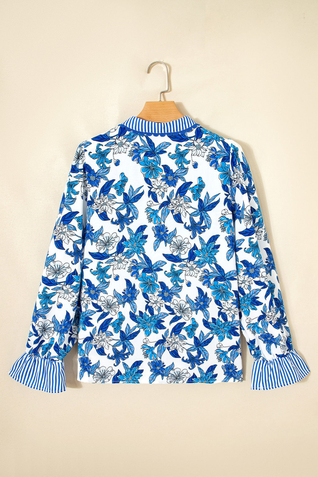 Sky Blue Floral Print Striped Patchwork Long Flounce Sleeve Ricrac Trim V Neck Blouse
