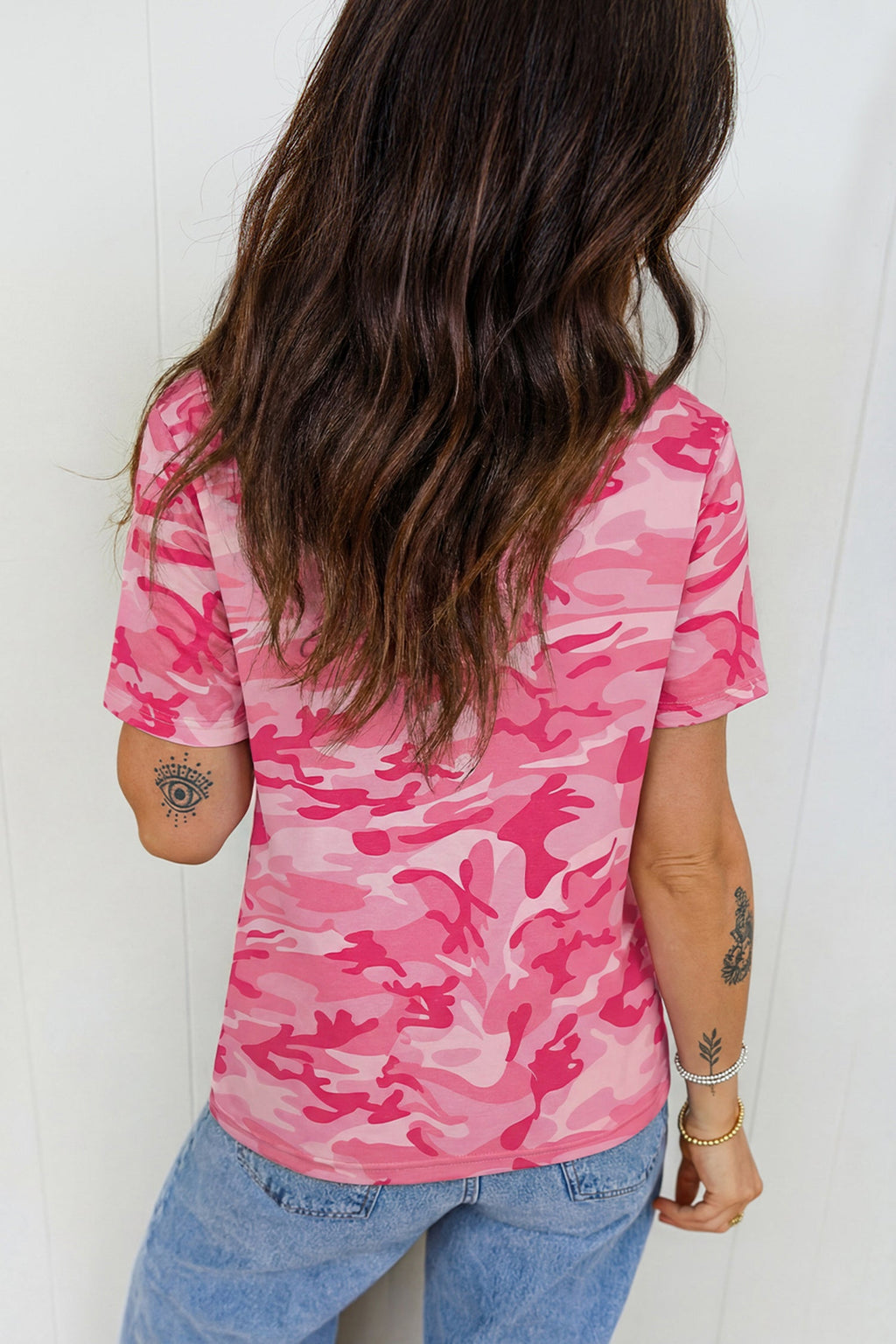 Pink Camouflage Print Crew Neck T Shirt