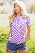 Purple Checkered Print Crew Neck Mesh T Shirt