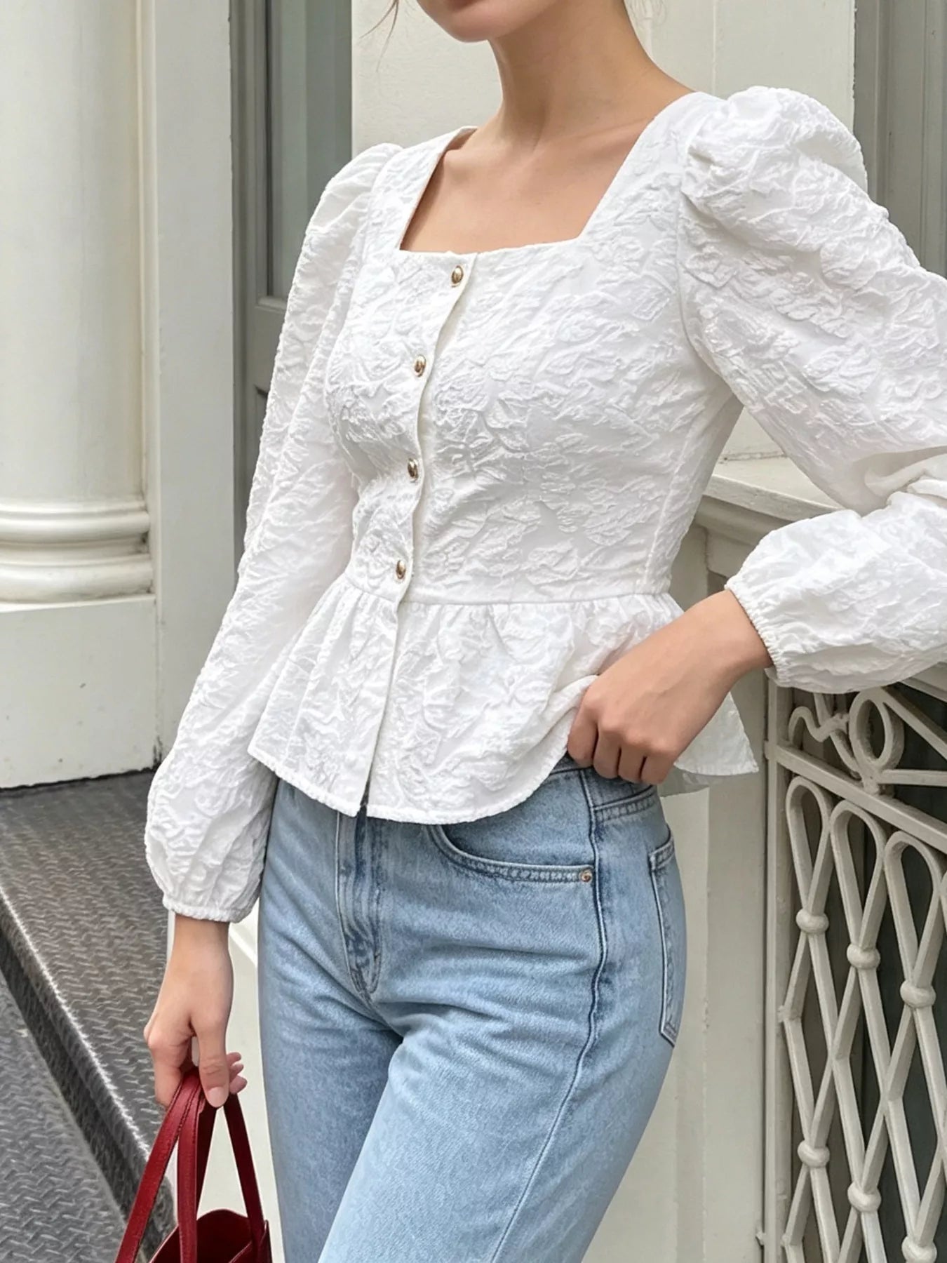 Square Neck Textured Peplum Blouse