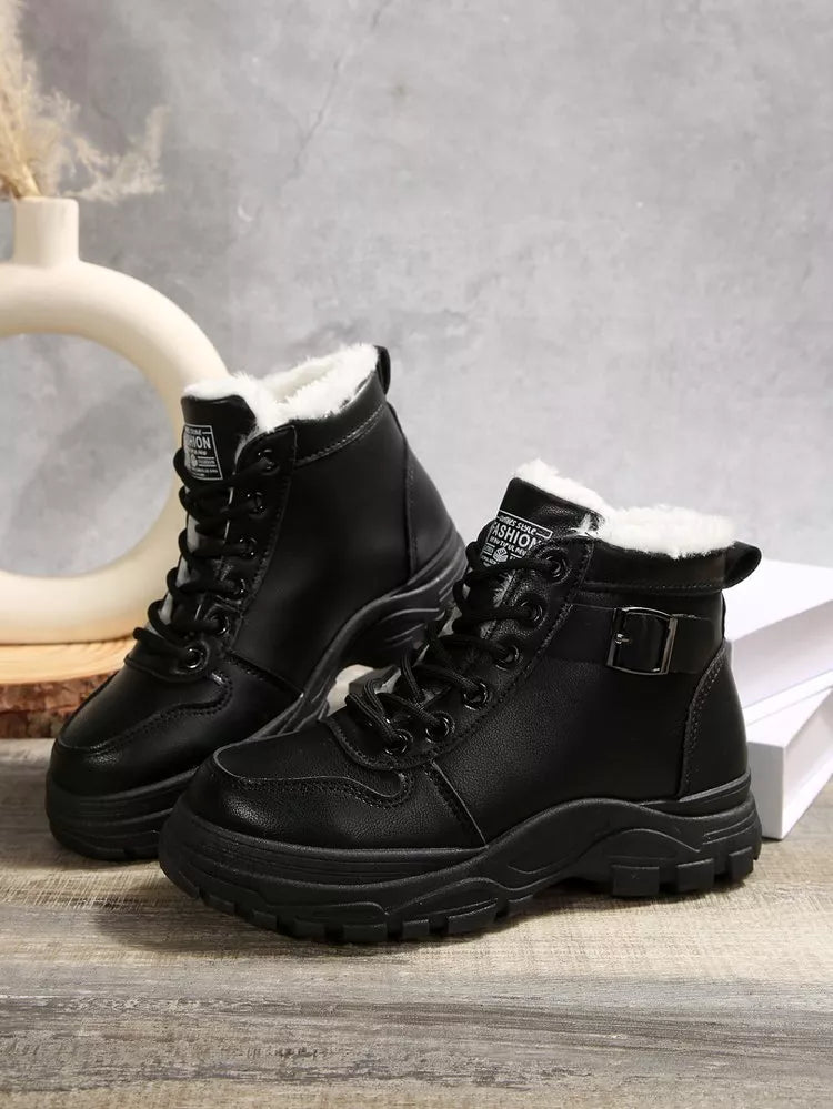 Warm Lined Ankle Boots with Buckle Detail