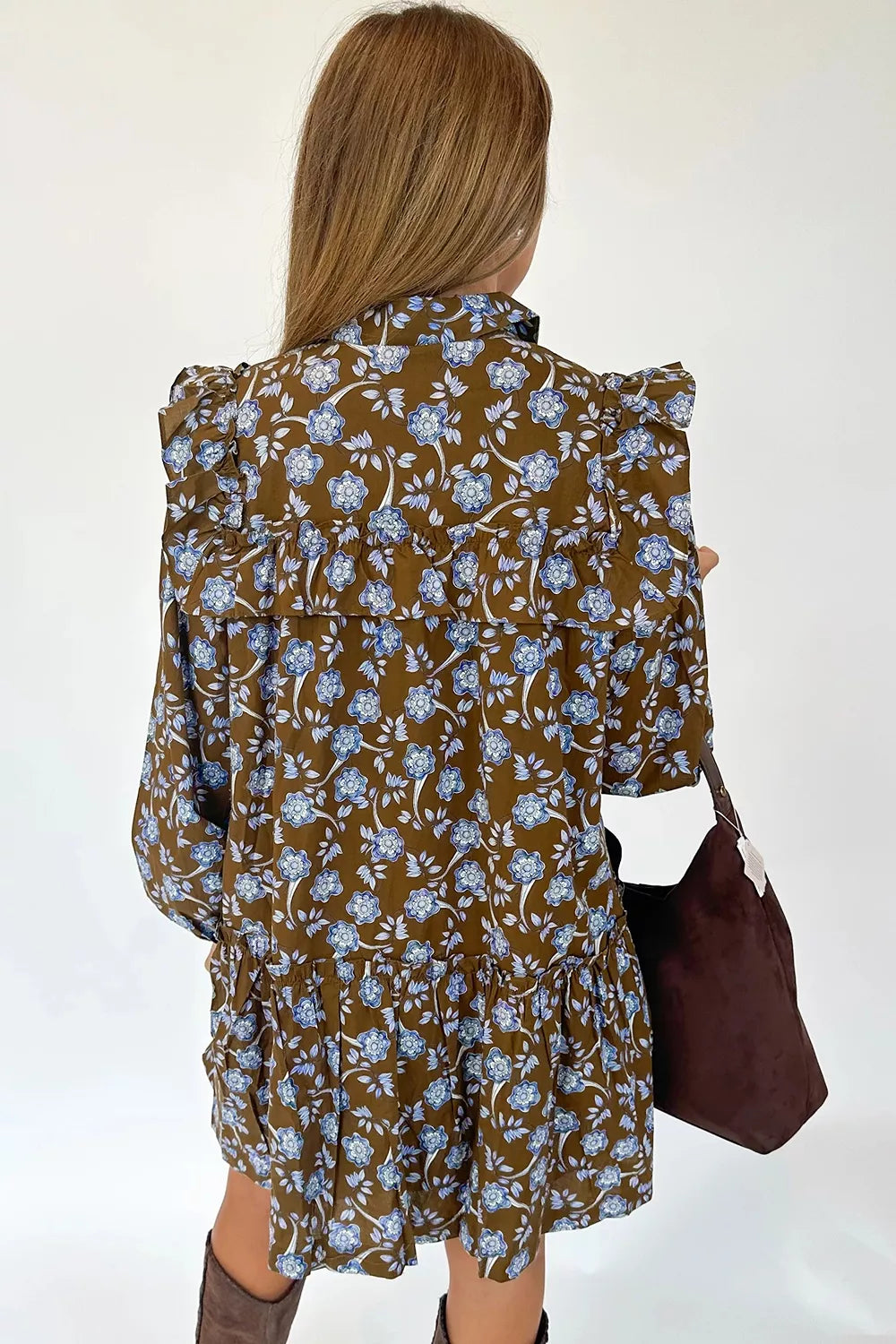Floral Print Ruffled Detail Shirt Collar Button Down Long Sleeve Dress
