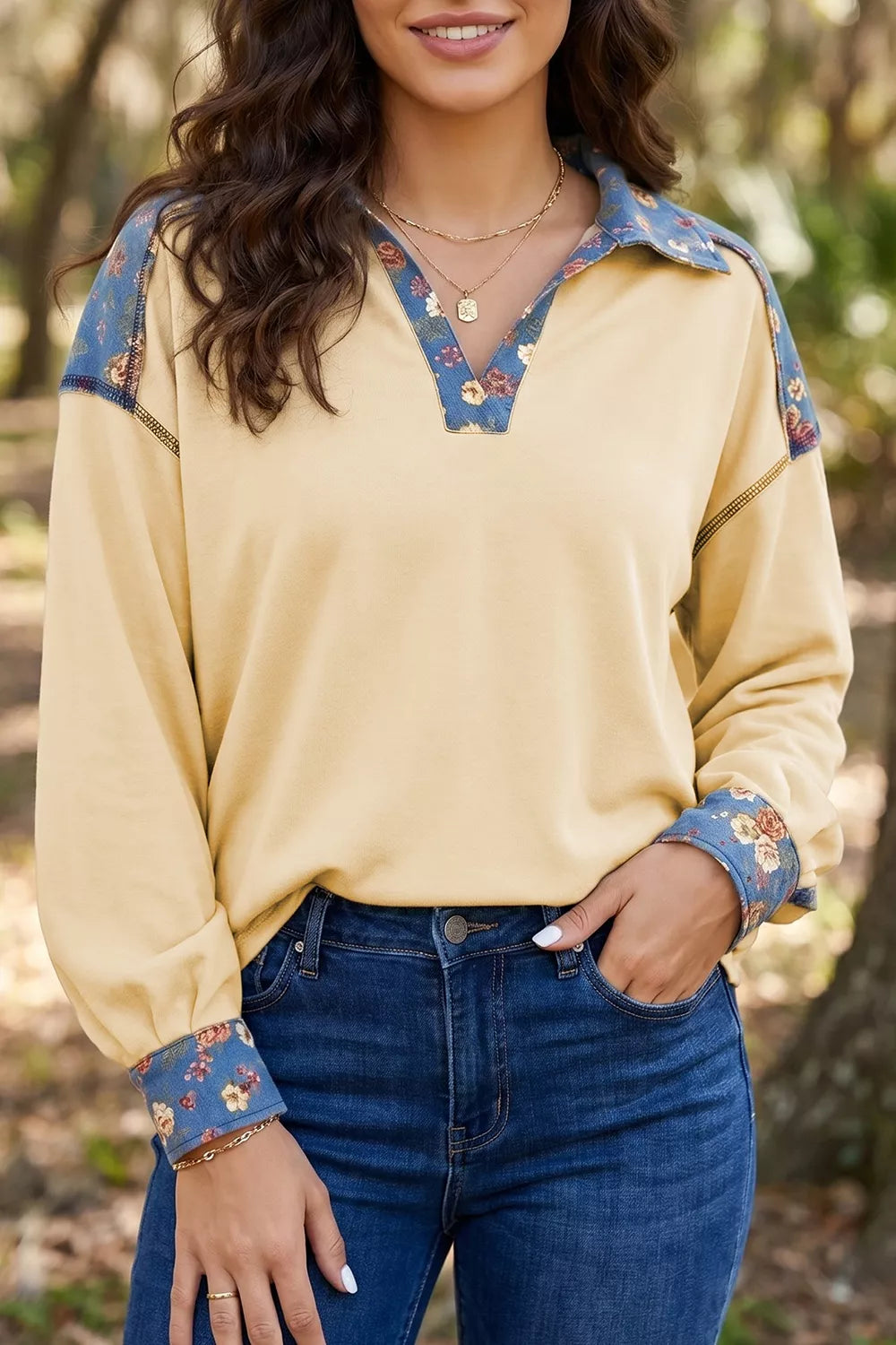 Floral Denim Patchwork Collar V Neck Long Sleeve Pullover Top